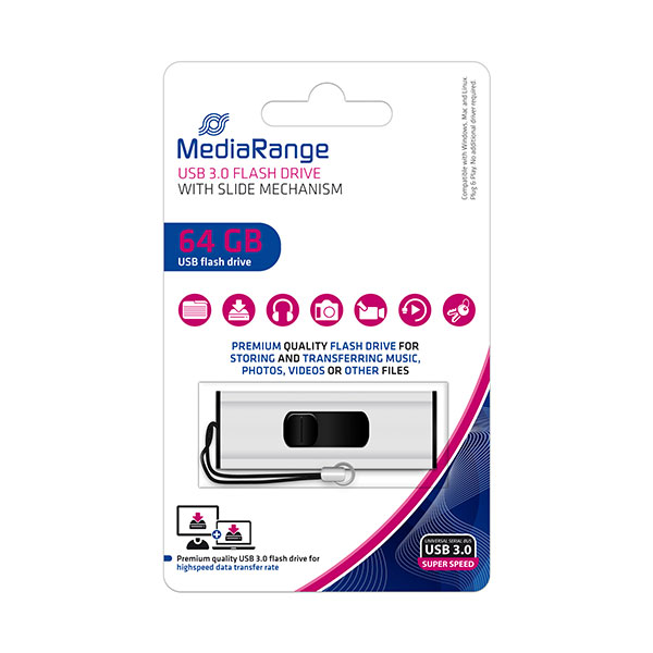 MediaRange USB 3.2 Gen 1 USB STICK s kliznim mehanizmom i uzicom za privjesak, Silver/Black, 64GB , MR917