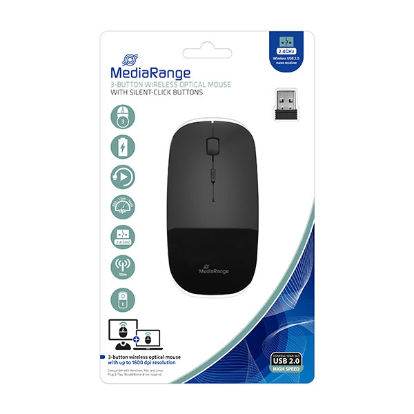 MediaRange MIŠ BEŽIČNI S 3 TIPKE, OPTIČKI, SJAJNO CRNI, TIHI, MROS215