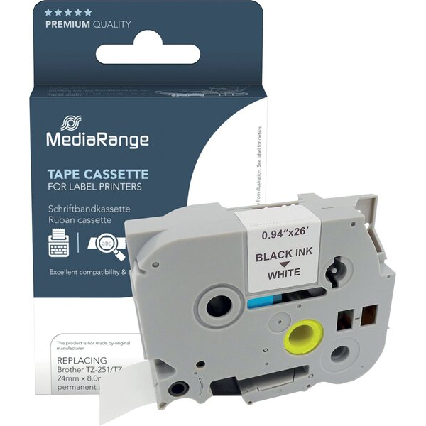 MediaRange Label Tape Cartridge, Replacing Brother TZ-251/TZe-251, 24mm, 8m, Laminated and Permanent Adhesive, Black on White