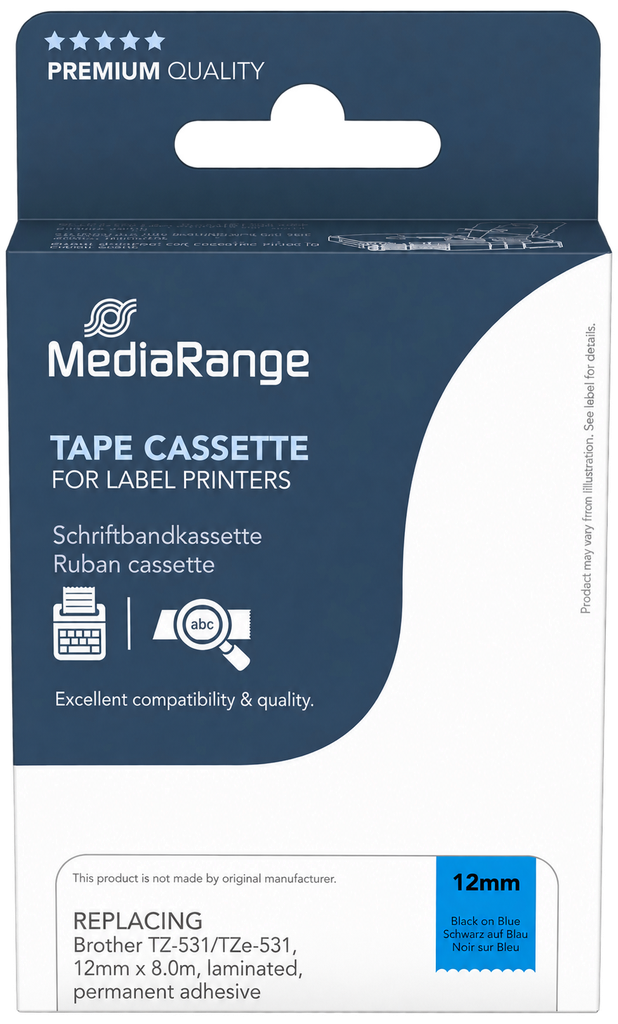 MediaRange Label Tape Cartridge, Replacing Brother TZ-531/TZe-531, 12mm, 8m, Laminated and Permanent Adhesive, Black on Blue