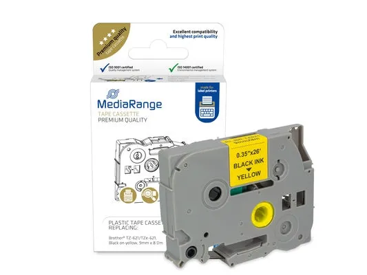 MediaRange Label Tape Cartridge, Replacing Brother TZ-621/TZe-621, 9mm, 8m, Laminated and Permanent Adhesive, Black on Yellow