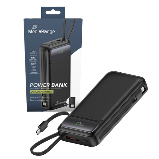 [MRMA756] MediaRange powerbank kapaciteta 20.000 mAh s integriranim kabelima za punjenje i LC zaslonom, s podrškom za USB-C Power Delivery i Quick Charge, crna , MRMA756