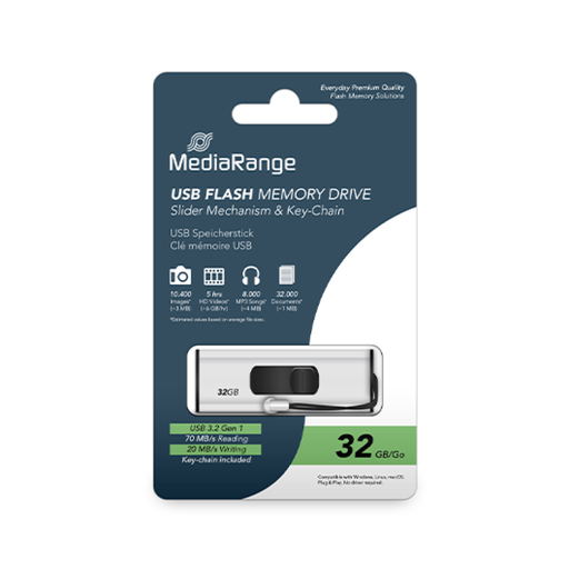 [81000053] MediaRange USB 3.2 Gen 1 USB STICK s kliznim mehanizmom i uzicom za privjesak, Silver/Black, 32GB , MR916