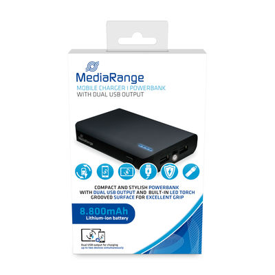 [15MR752] MediaRange Mobilni punjač I Powerbank, s LED svjetiljkom, 8.800mAh, 2xUSB-A, crni , MR752