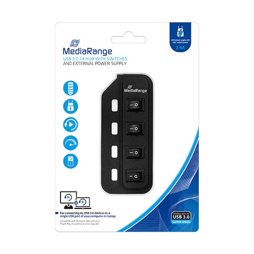 [81MRCS505] MediaRange USB HUB 3.0, 4 PORTNI S ODVOJENIM PREKIDAČEM I NAPAJANJEM, MRCS505