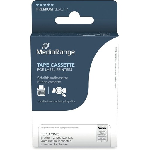 [MRBTZ121] MediaRange Label Tape Cartridge, Replacing Brother TZ-121/TZe-121, 9mm, 8m, Laminated and Permanent Adhesive, Black on Clear