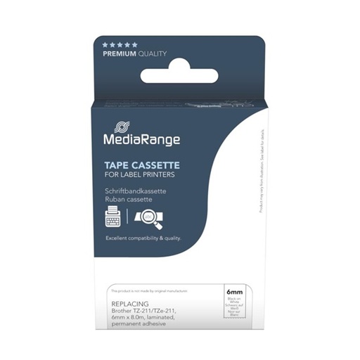 [MRBTZ221] MediaRange Label Tape Cartridge, Replacing Brother TZ-221/TZe-221, 9mm, 8m, Laminated and Permanent Adhesive, Black on White