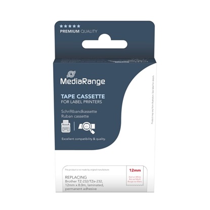 [MRBTZ232] MediaRange Label Tape Cartridge, Replacing Brother TZ-232/TZe-232, 12mm, 8m, Laminated and Permanent Adhesive, Red on White