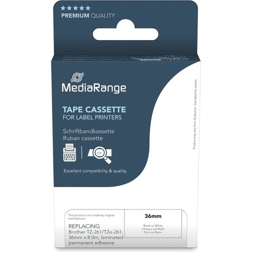 [MRBTZ261] MediaRange Label Tape Cartridge, Replacing Brother TZ-261/TZe-261, 36mm, 8m, Laminated and Permanent Adhesive, Black on White