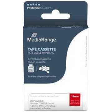 [MRBTZ435] MediaRange Label Tape Cartridge, Replacing Brother TZ-435/TZe-435, 12mm, 8m, Laminated and Permanent Adhesive, White on Red
