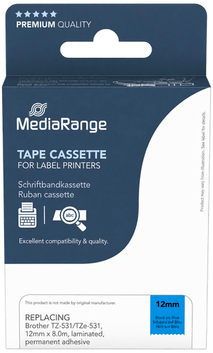 [MRBTZ531] MediaRange Label Tape Cartridge, Replacing Brother TZ-531/TZe-531, 12mm, 8m, Laminated and Permanent Adhesive, Black on Blue