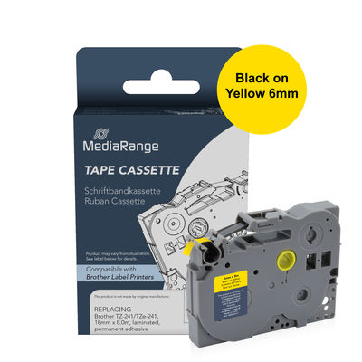 [MRBTZ611] MediaRange Label Tape Cartridge, Replacing Brother TZ-611/TZe-611, 6mm, 8m, Laminated and Permanent Adhesive, Black on Yellow