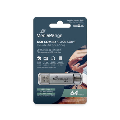 [81MR937B] MediaRange 64GB USB Flash Drive, USB-A and USB-C, USB 3.2 Gen 1 – MR937-1